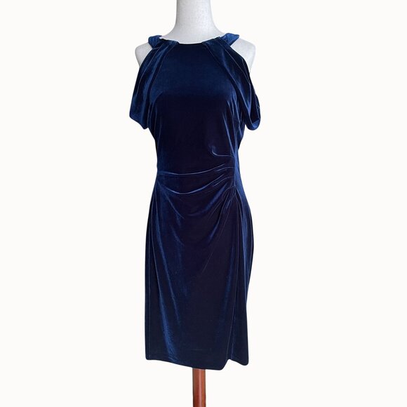 Ralph Lauren Dresses & Skirts - Ralph Lauren Blue Stretch Velvet Off Shoulder Midi Sheath Cocktail Dress Size 8